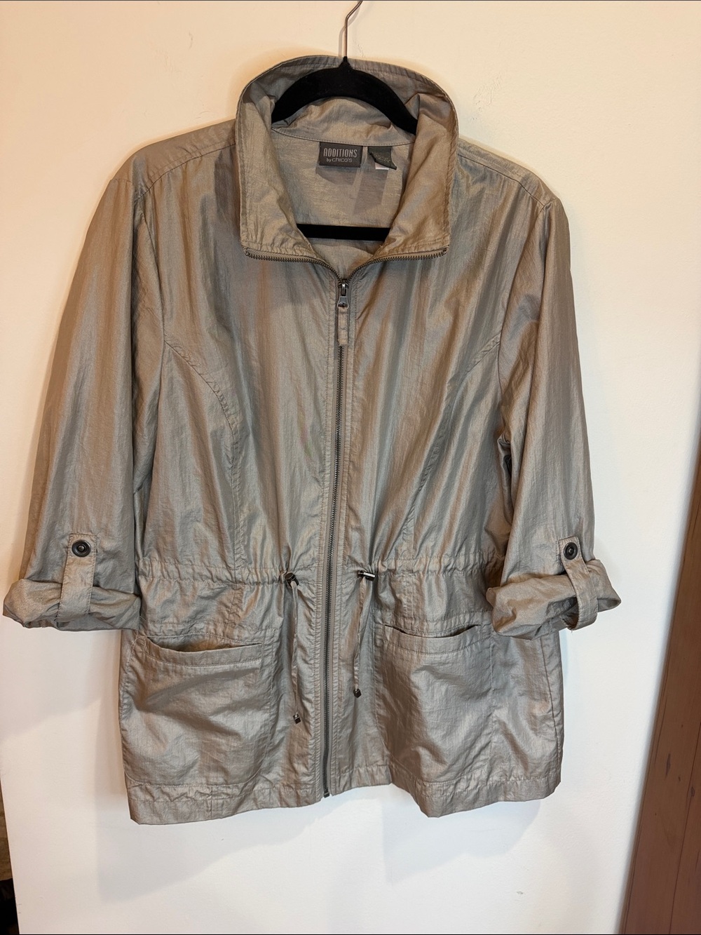 Chico’s Metallic Taupe Zip-Front Utility Jacket, Chico’s 2 (L) So Packable/Chic!